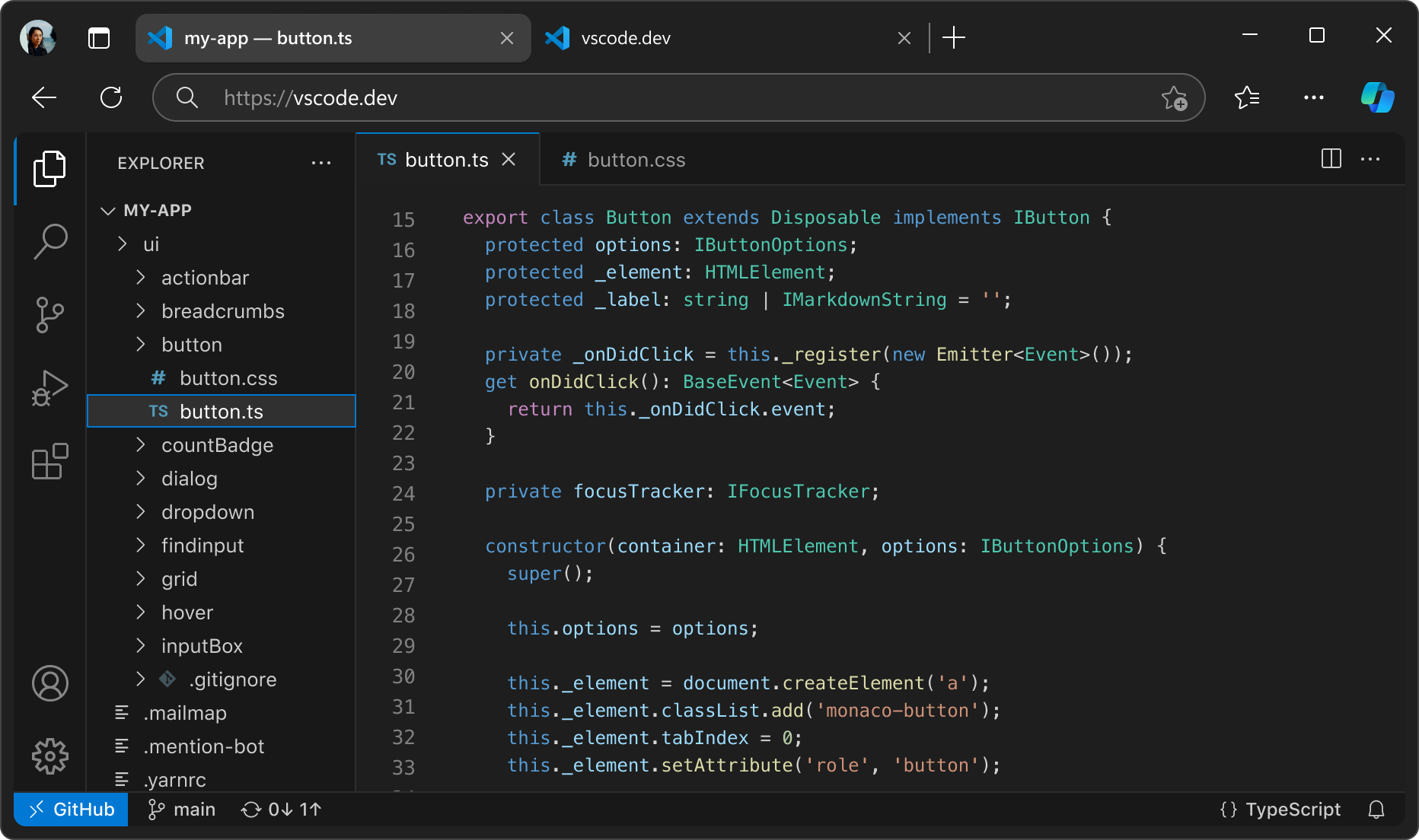 vscode.dev in an Edge browser tab